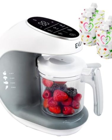 EVLA'S Baby Food Maker, Steamer, Blender, Baby Food Processor for Healthy Homemade Baby Food in Minutes, Touch Screen with 6 Reusable Food Pouches, Baby Registry Essential, White
