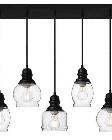 WILON Pendant Lights Kitchen Island, 5-Light Dining Room Light Fixture with Seeded Glass Shade, Farmhouse Chandeliers for Dining Room Matte Black Finish Hanging Linear Chandeliers for Kitchen Island