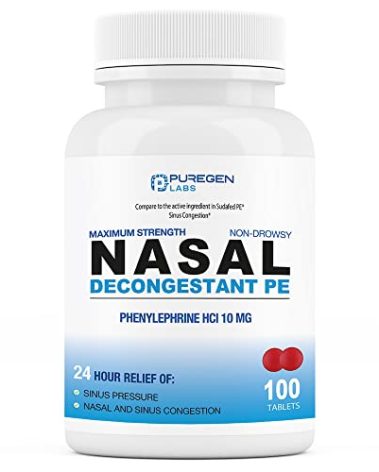 Puregen Labs Nasal Decongestant PE 100 Tablets | Phenylephrine HCl 10 mg Tablets | Maximum Strength | Non Drowsy Nasal & Sinus Congestion Relief Due to Cold or Allergies (1)