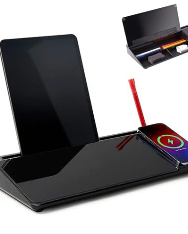 Garood Desktop Whiteboard with Wireless Charger Black, Adapter Included, Desktop Whiteboard with Phone Charger and Holder, Glass Desk White Board with Stand 15.8X7X2 inches