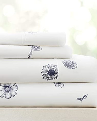 Linen Market Patterned Microfiber Full Sheet Set 4 Piece – Oeko-TEX Certified Ultra Soft & Wrinkle-Free - 16" Deep Pocket Sheets - Easy Care Full Size - Indigo Flowers Navy