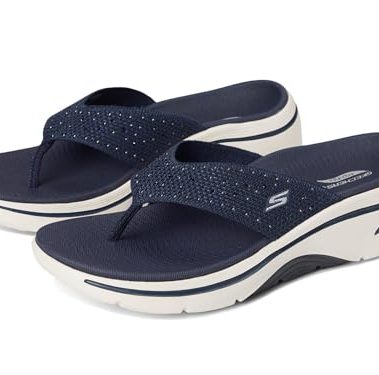 SKECHERS Women's Arch Fit 2.0 3-Pt Rhinestone Sandal Navy 8 Medium