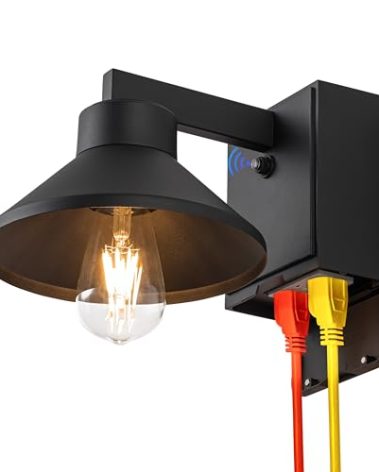 Dusk to Dawn Outdoor Barn Light Fixture with GFCI Outlet, Powder-coated Black Waterproof Exterior Wall Light Sconce, Photocell Sensor Porch Light Wall Mount with Outlet,Modern Farmhouse Outside Lights