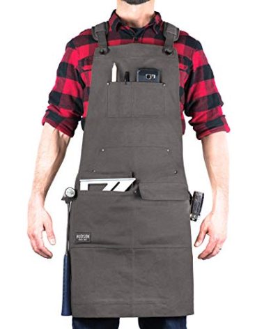 Hudson Durable Goods Woodworking Edition Waxed Canvas Tool Apron for Men and Women, Heavy Duty Work Apron with Front Pockets, Adjustable Padded Straps, Quick Release Buckle, Crossback - One Size, Grey
