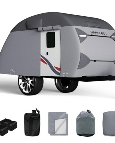 Teardrop Travel Trailer Cover Fits 10'-12' Trailers, 7 Layers Top Heavy Duty Camper Cover Waterproof, Camping Trailer Cover with Windproof Strap, RV Cover for R-Pod Trailers, Clamshell Trailers, Gray