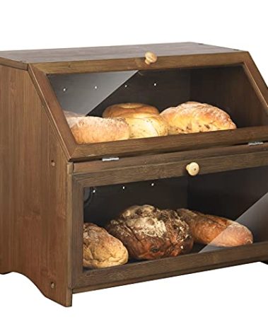 HOMEKOKO Double Layer Large Bread Box for Kitchen Counter, Wooden Large Capacity Bread Storage Bin (Brown)