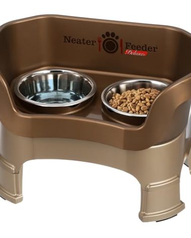 Neater Feeder Deluxe Mess Proof Dog Bowls Elevated Medium Sized Dogs (19-40 lbs) Made in USA, No Spill Raised Dog Food Bowl Stand w/Leg Extension, Stainless Steel Food and Water Bowl Set, Bronze