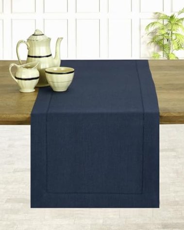 D'Moksha Homes Linen Navy Blue Table Runner 120 Inches Long - 100% Pure Linen Hemstitch 14 x 120 Inch Table Runner for Dining, Winter, Christmas, Holiday, New Year - Classic Hemstitch