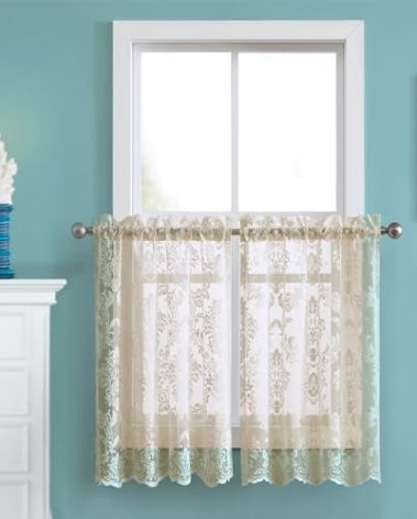 Warm Home Designs Pair of 30 Inches Wide x 24 Inches Long Gold Linen Knitted Lace Kitchen Tiers in Charming Flower Pattern. Combine with Swags & Valance for Ultimate Elegant Look. FI Linen Tiers 24"