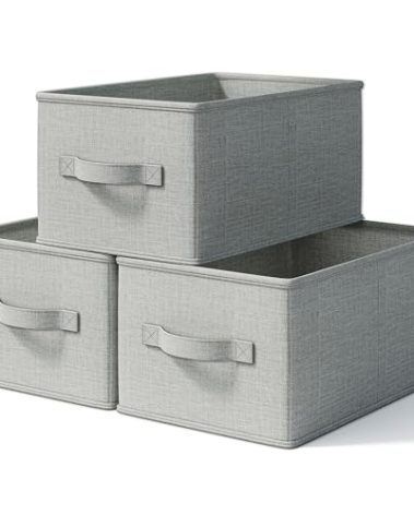 LayerSpace 3 Pack Fabric Storage Bins for Shelves | 14.75x10.25x8.25 in Storage Baskets | Fabric Closet Organizers with Handles Home Organization | Linen Clothes Storage Bins | Light Gray