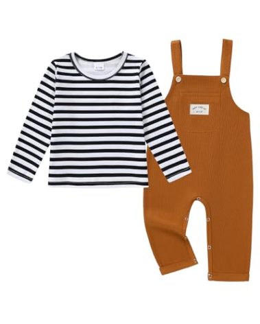 ZOEREA Toddler Baby Boys Clothes Outfit Long Sleeve T-Shirt and Romper Set Cute Jumpsuit Overalls Solid Color Brown 6-12 Months