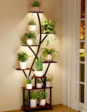 Plant Stand Indoor with Grow Lights 64" Tall Plant Shelf with Wheel Lighted Corner Plant Stands for Indoor Growing Multiple Metal 8 Tiered Large Flower Holder Plant Rack for Home Patio Balcony
