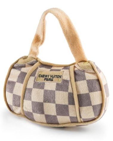 Haute Diggity Dog Haute Diggity Checker Chewy Vuiton Dog Handbag - Medium Plush Designer Dog Toys with Squeaker & Machine-Washable Enrichment & Safe Materials for All Breeds, Size Medium