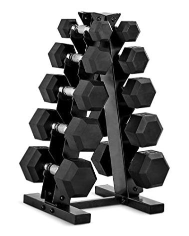 Cap Barbell 150 LB Rubber Coated Hex Dumbbell Hand Weight Set with Vertical Storage Rack - Chrome Handle | Black Rack