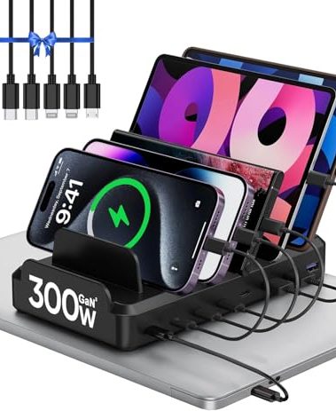 300W Charging Station for Multiple Devices, 8 Port Multi USB C Fast Charger Station Dock for MacBook iPhone 17/16/15/14/13/12 Samsung Pixel Series iPad, Black (6 Mixed Short Cables Included)