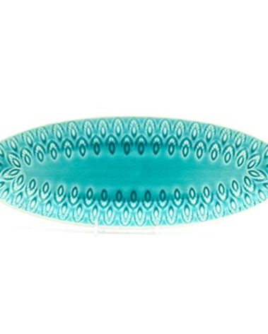 Euro Ceramica Peacock Collection Crackleglaze Serveware Trays/Platters, 13" Oval Appetizer, Feather Geometric Pattern