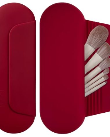 AGIKET Silicone Makeup Brush Holder Travel Cosmetic Bag：Soft Portable Cosmetic Face Brushes Holder with Upgrade Anti-Fall Out Magnetic Closure, Large Travel Makeup Brush Case - Red