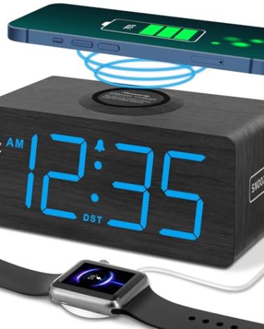 DreamSky Wooden Digital Alarm Clock with Wireless Charging for Bedroom, Bedside Nightstand Clock with Charger Station, USB Port, Large Numbers, Adjustable Volume, Brightness Dimmer, DST