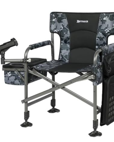 X Strike Fishing Chairs with Rod Holder, Folding Ice Fishing Chair for Adults Outdoor Camping Chair Leg Adjustable with Cooler Bag and Storage Bag for Ice Fishing, Camp, Lawn, Patio, Garden