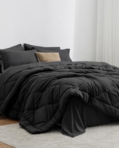 Love's cabin Full Comforter Set Black, 7 Pieces Full Bed in a Bag, All Season Bedding Sets with 1 Comforter, 1 Flat Sheet, 1 Fitted Sheet, 2 Pillowcase and 2 Pillow Sham