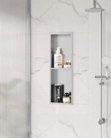Qeke Stainless Steel Shower Niche 24" X 8", No Tile Needed Wall Niche Double Shelves, Recessed Shower Shelf for Bathroom Storage, Brushed Nickel