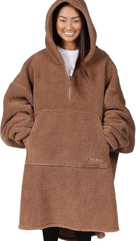 THE COMFY Teddy Bear Quarter-Zip | Sherpa Wearable Blanket with Quarter Length Zipper, Oversized Design with Hood and Pocket, From Shark Tank, for Women & Men, Warm and Cozy Gifts