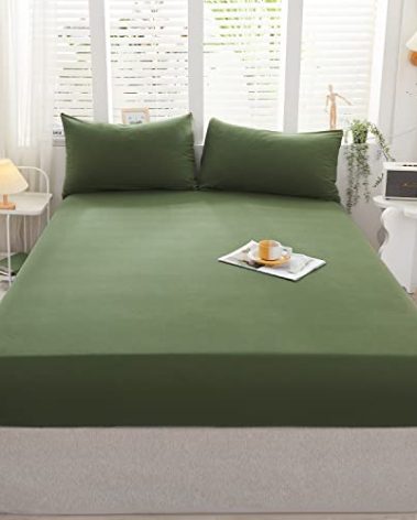 LIFETOWN 100% Jersey Knit Cotton Sheet, Extra Deep Pocket, 1 Fitted Sheet with 2 Pillowcases, Wrinkle-Free Ultra Soft (Olive Green, Queen)