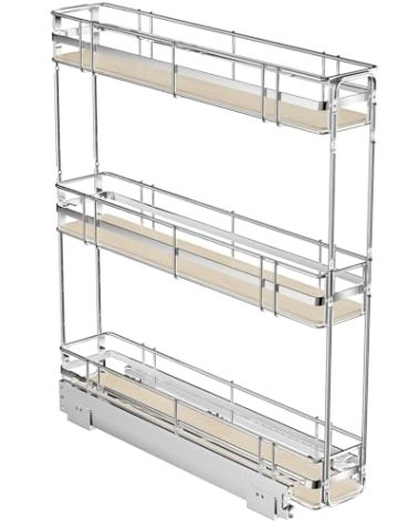 ROOMTEC 3-Tier Pull Out Cabinet Organizer Spice Rack for Narrow Cabinet 5" W x 20½" D, Slide Out Wood Shelves Storage for Kitchen
