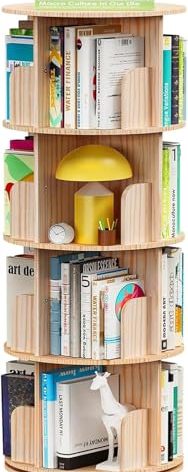 Rotating Bookshelf Tower – 4 Tier Wooden Book Shelf, Small Narrow Spinning Bookcase for Kids Rooms, Corner Bookshelf Organizer for Kids Books and Home Storage