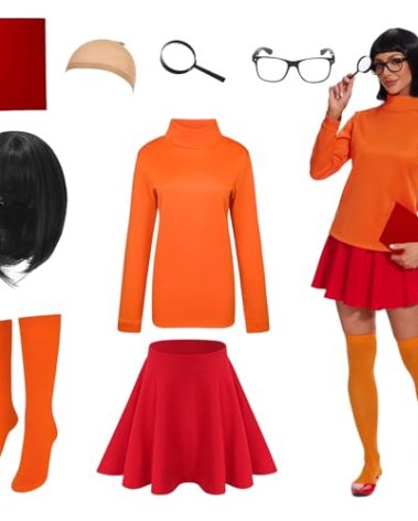 Gumyawl Halloween Costume for Women Classic Movie Costumes with Orange Turtleneck Top Bob Wig 8Pcs Adult Cosplay Set(Large)