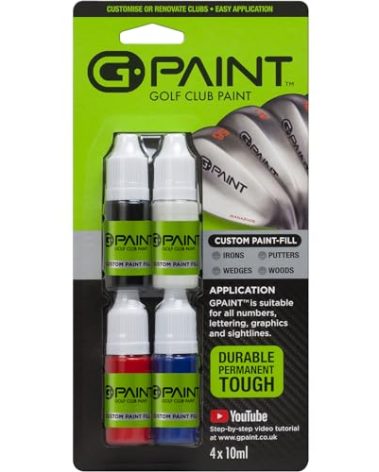 G-Paint Golf Club Paint - Touch Up, Fill in, Customize or Renovate Your Clubs - 4 Pack of 10ml Bottles. Black, White, Red & Blue