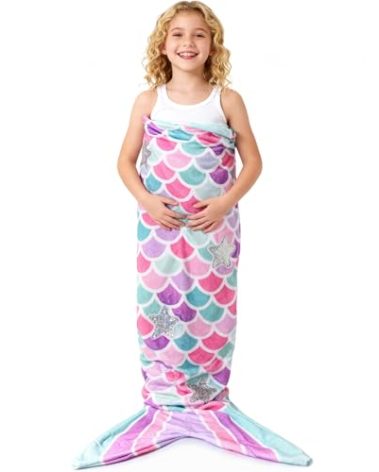 WERNNSAI Mermaid Tail Blanket - Plush Mermaid Wearable Blanket for Girls Kids 110 x 40cm All Seasons Soft Flannel Snuggle Pink Blanket Scale Sleeping Bag (Sequins, Kids