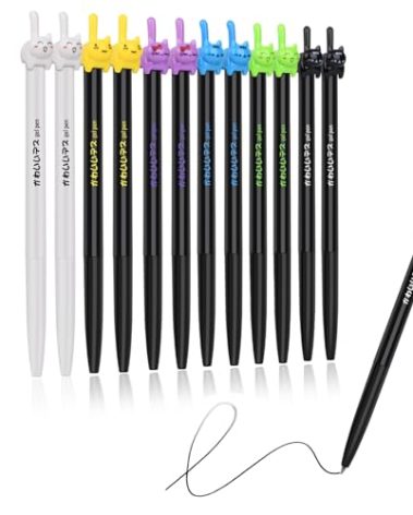 RECHENG retractable cat gel pens,Fine Point 0.5mm black ink,Cute kitty fun ball point pens for girls kids School Office Supplies,12pcs fun pens.