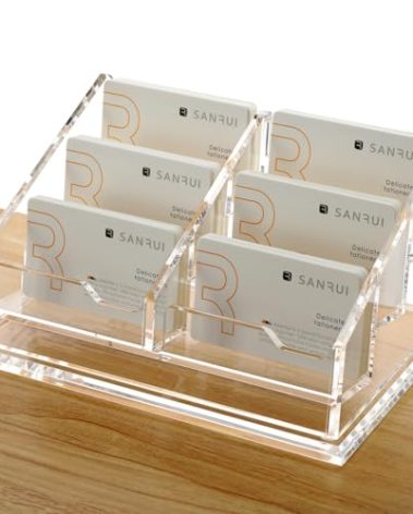 SANRUI Acrylic Business Card Holder for Desk, Clear Display Stand with 6 Slots, Holds 300 Cards, 3-Tier Horizontal Clear Name Card Stand ,Office Desk Organizer for Women & Men