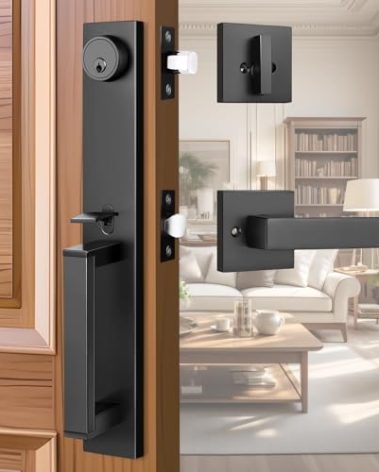 Tinewa 1 Pack Exterior Door Handle with Deadbolt, Matte Black Front Door Lock Set, Modern Heavy Duty Full Escutcheon Entry Door Handleset, Adjustable & Reversible for Right & Left Handed Doors