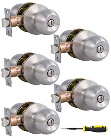 Lanwandeng (5 Pack) Interior Door Knobs for Bedroom or Bathroom Keyless, Satin Nickel Privacy Door Locks, Flat Ball Bath/Bed Door Handles