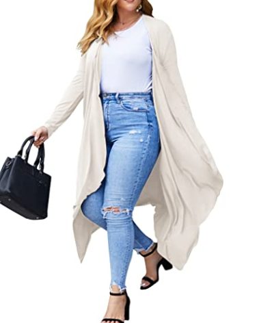 Women's Plus Size Long Sleeve Waterfall Asymmetric Drape Open Long Maxi Cardigan (White, XXXL)
