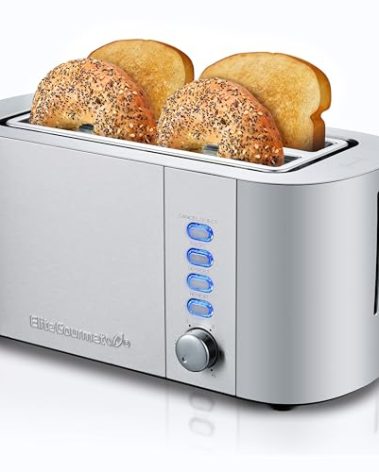 Elite Gourmet ECT4123 Long Slot 4 Slice Toaster, Extra Wide 1.5" and 5.1" Deep Slots, Bagel, Defrost & Cancel Functions, 6 Toast Shade Settings, Fits Bagels, Waffles, Artisan Breads, Stainless Steel