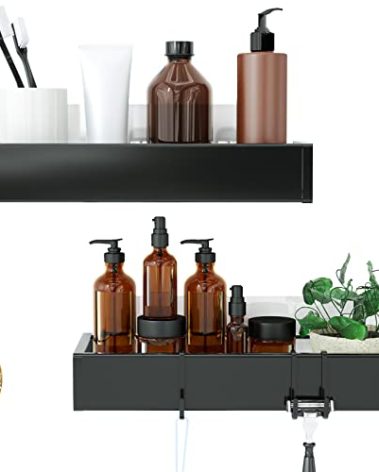 Roseyat Shower Caddy, Adhesive Shower Organizer with Hooks, Shower Shelves for Inside Shower, No Drilling Shower Rack Holder, Shower Storage for Bathroom, Kitchen Spice Rack-2 Pack Black