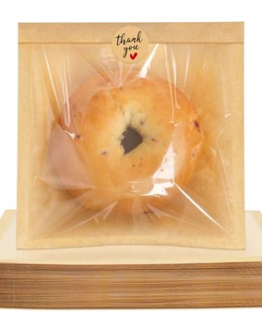 Foranda 200 Pack Heat Sealable Bakery Bags with Window, 7.1x7.5 Inch Cookie Packaging Bags with Seal Bake Sale Paper Sleeves for Bagel, Cake Slice, Sandwich, Donut, Pastry