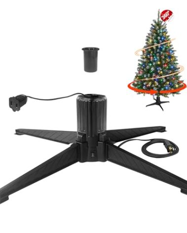 Stright 360 Degree Rotating Christmas Tree Stand, Revolving Artificial Tree Base for Tree Up to 7.5FT, Spinning Christmas Tree Stand with 2 Settings Trunk Diameter and One Built-in Electrical Outlet