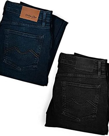Urban Star Mens Jeans Relaxed Fit 2-Pack – Straight Leg Stretch Jeans for Men – Ultimate Comfort Superflex Pants Black/Dark Blue Bundle 38W x 32L