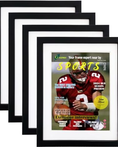 Goldfinch 4 Packs Sports Magazine Frames Displays Magazines Measuring 8.5 x 11.25 or 8.25 x 11 inches with Double White Core Matting, Deep Frame Moulding, with Installed Hangers