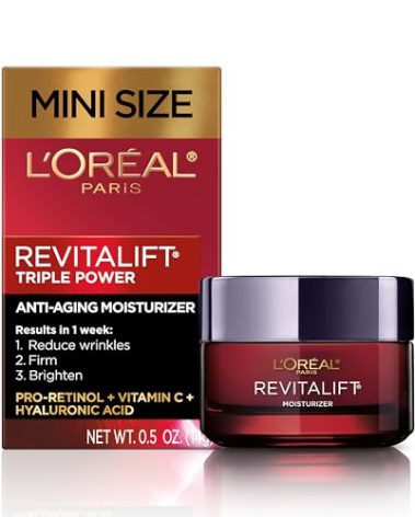 L'Oreal Paris Revitalift Triple Power Anti-Aging Face Moisturizer Travel Size, Pro Retinol, Hyaluronic Acid & Vitamin C, Reduce Wrinkles, Trial 0.5 Oz