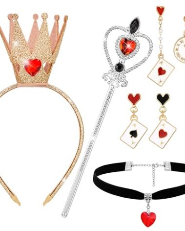 Horolam Queen Costume Accessories, Red Heart Queen Costume Set with Crown Headband Wand Choker Necklace Earrings for Women