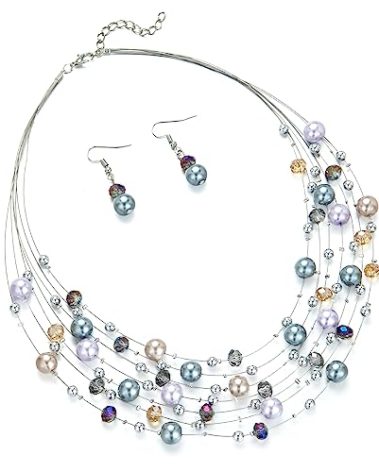 Errally Layered Pearl Beaded Necklaces for Women Multi Layered Pearl Choker Necklace Boho Jewelry for Women Gifts for Mom(Grey and purple)