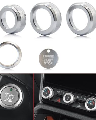 for Ford Ranger 2024 2025 Aluminum Air Conditioning Knob, Start/Stop Button Ring, 5-Piece Set (Silver)