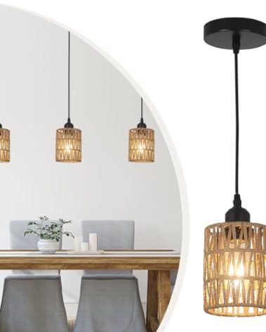 LAMSU 3 Pack Rattan Pendant Lights Kitchen Island, Farmhouse Pendant Lighting with Hand Woven Wicker Shade, Boho Chandelier Light Fixtures Ceiling Hanging for Dining Room Bedroom Foyer Hallway