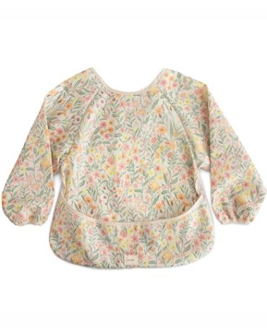 mushie Long Sleeve Baby Bib | Water Resistant Adjustable Fit for Ages 6-24 Months (Pastel Blooms)