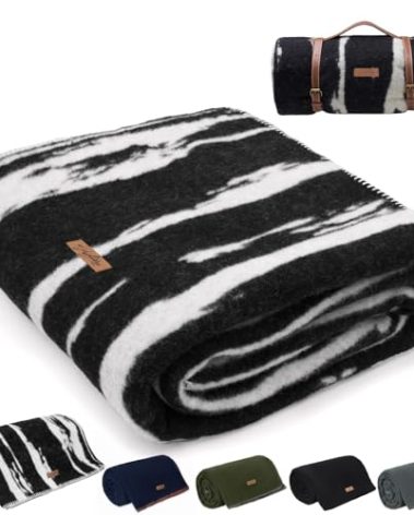 Molithe 100% Wool Blanket, 62" x 86", Warm, Thick, Washable, Military Wool Blanket, Great for Camping, Outdoors, Sporting Events, Survival Kits,Black White Striped